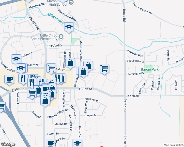 map of restaurants, bars, coffee shops, grocery stores, and more near 2454 Builders Place in Chico