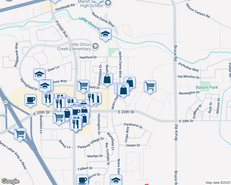 map of restaurants, bars, coffee shops, grocery stores, and more near 1900 Notre Dame Boulevard in Chico