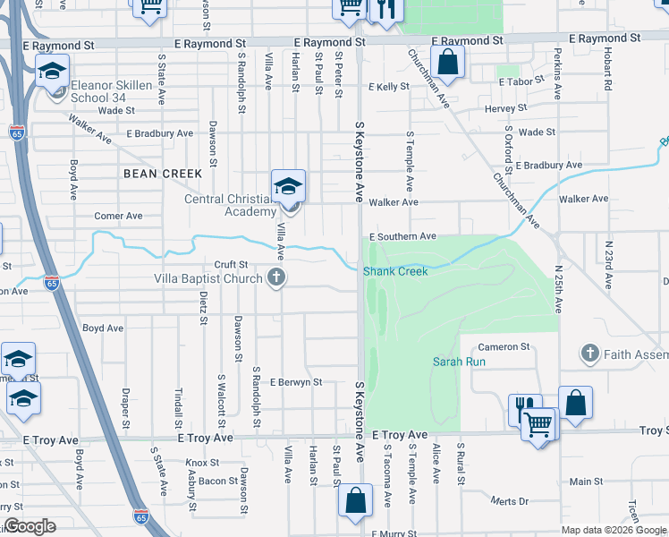 map of restaurants, bars, coffee shops, grocery stores, and more near 2326 Nelson Avenue in Indianapolis