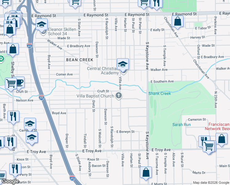 map of restaurants, bars, coffee shops, grocery stores, and more near 2641 South Randolph Street in Indianapolis