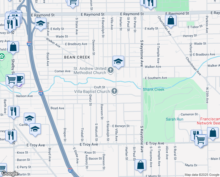 map of restaurants, bars, coffee shops, grocery stores, and more near 2641 South Randolph Street in Indianapolis