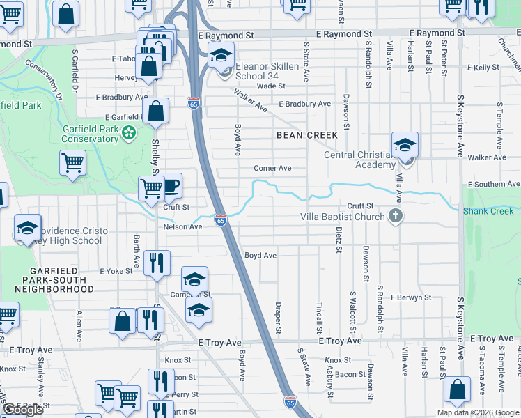 map of restaurants, bars, coffee shops, grocery stores, and more near 1544 Nelson Avenue in Indianapolis