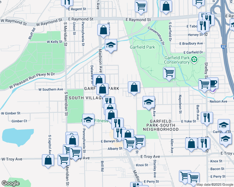 map of restaurants, bars, coffee shops, grocery stores, and more near 2635 Madison Avenue in Indianapolis