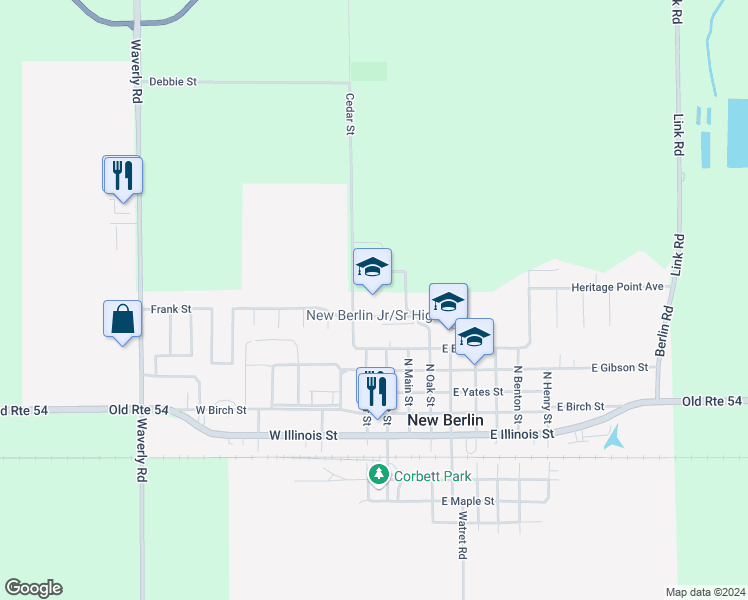 map of restaurants, bars, coffee shops, grocery stores, and more near 600 Cedar Street in New Berlin