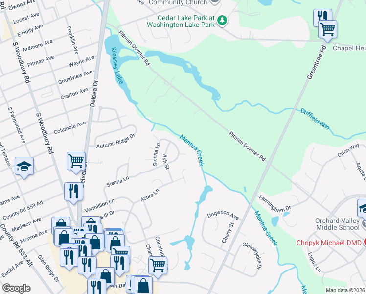 map of restaurants, bars, coffee shops, grocery stores, and more near 6 Briarwood Court in Glassboro