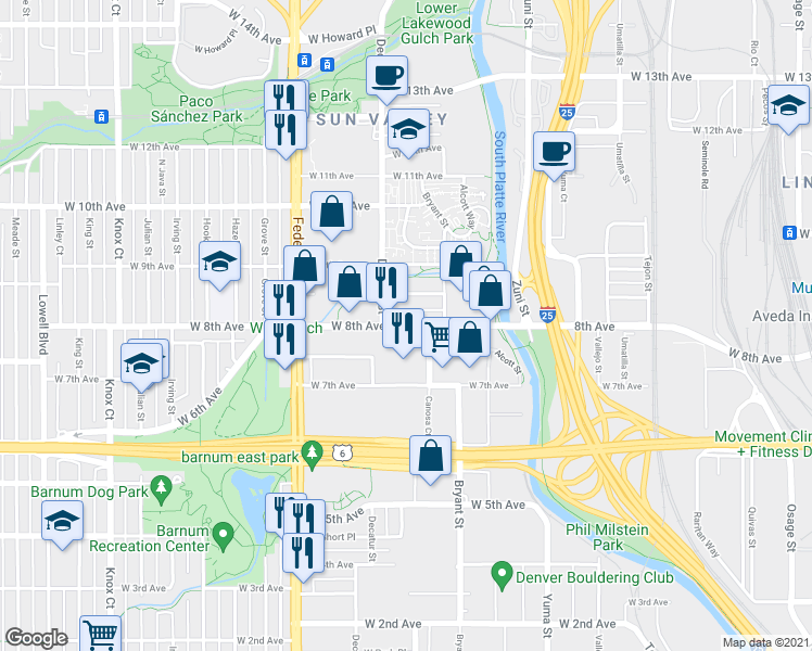 map of restaurants, bars, coffee shops, grocery stores, and more near 2701 West 8th Avenue in Denver