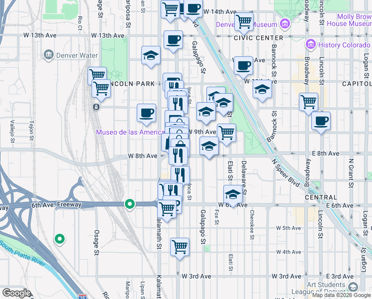 map of restaurants, bars, coffee shops, grocery stores, and more near 800 Santa Fe Drive in Denver