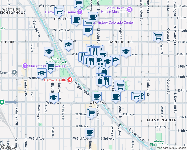 map of restaurants, bars, coffee shops, grocery stores, and more near 800 North Broadway in Denver