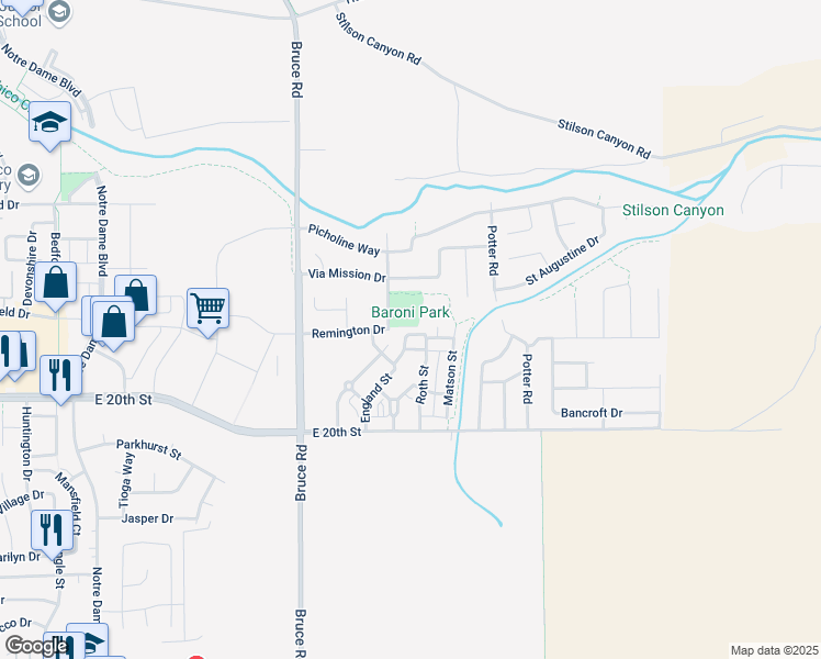 map of restaurants, bars, coffee shops, grocery stores, and more near 2464 England Street in Chico
