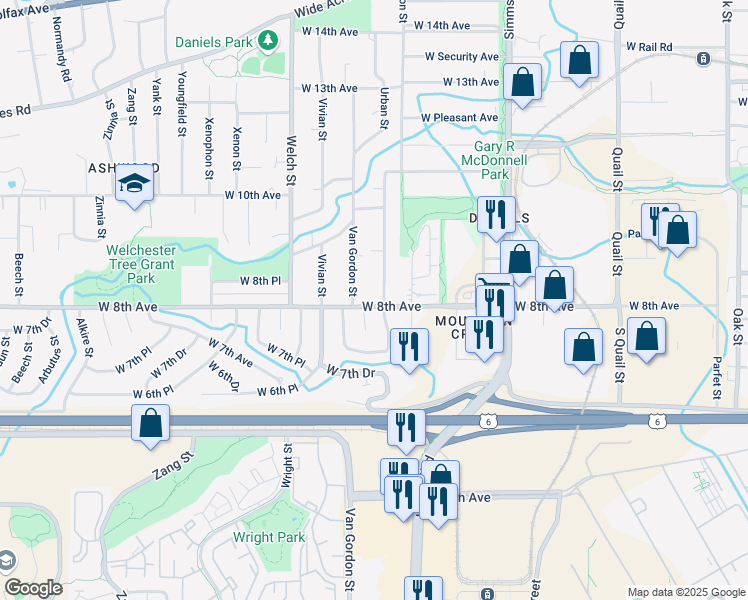 map of restaurants, bars, coffee shops, grocery stores, and more near 12125 West 8th Avenue in Golden