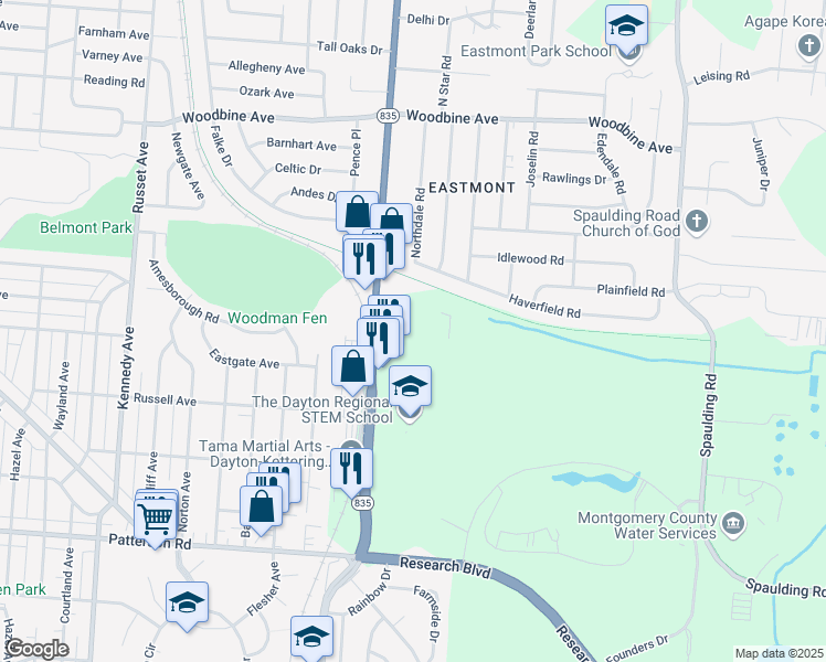 map of restaurants, bars, coffee shops, grocery stores, and more near 1750 Woodman Drive in Dayton