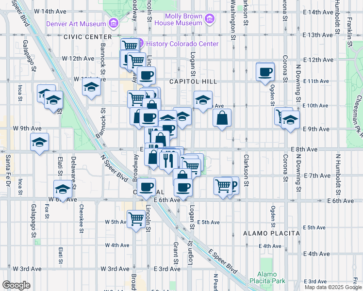 map of restaurants, bars, coffee shops, grocery stores, and more near 808 Grant Street in Denver