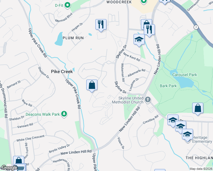 map of restaurants, bars, coffee shops, grocery stores, and more near 3201 Brookline Drive in Wilmington