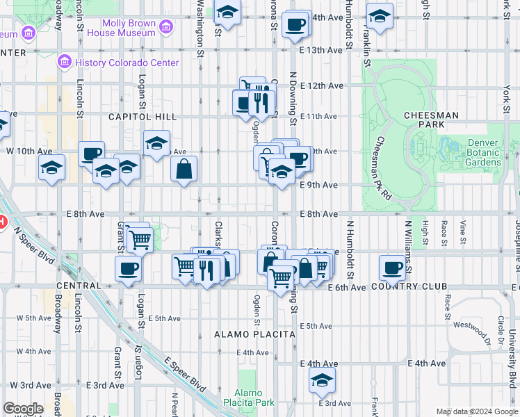 map of restaurants, bars, coffee shops, grocery stores, and more near 800 Ogden Street in Denver