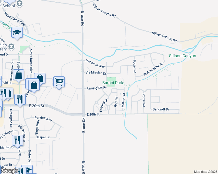 map of restaurants, bars, coffee shops, grocery stores, and more near 2464 England Street in Chico