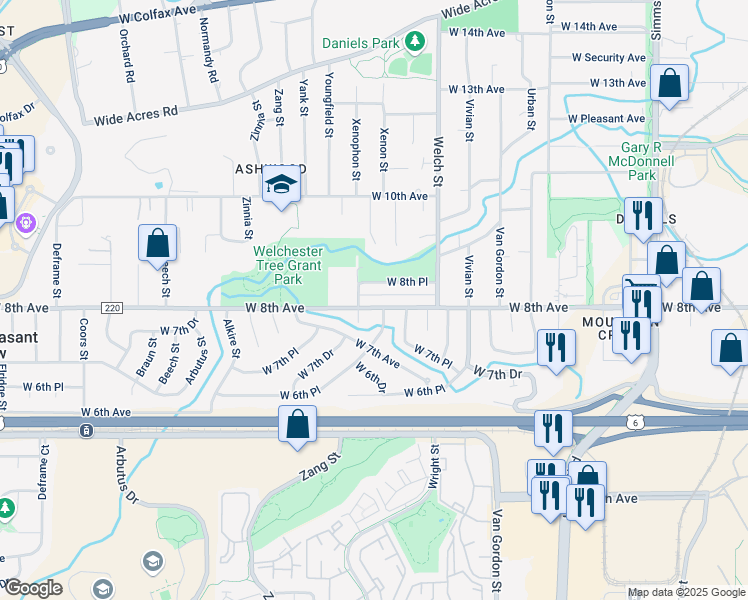 map of restaurants, bars, coffee shops, grocery stores, and more near 798 Xenophon Street in Golden
