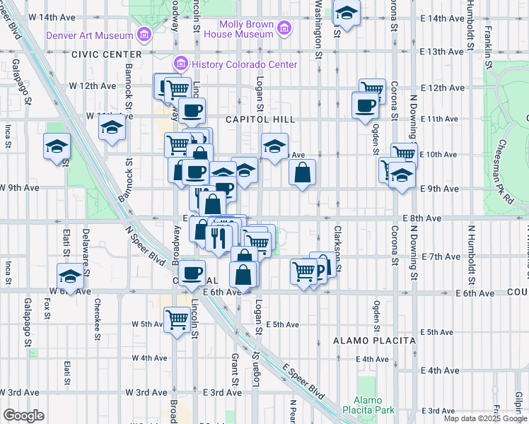 map of restaurants, bars, coffee shops, grocery stores, and more near 818 Logan Street in Denver