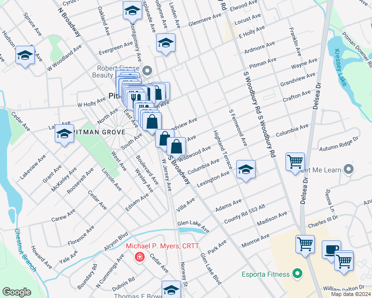 map of restaurants, bars, coffee shops, grocery stores, and more near 398 Oakcrest Avenue in Pitman