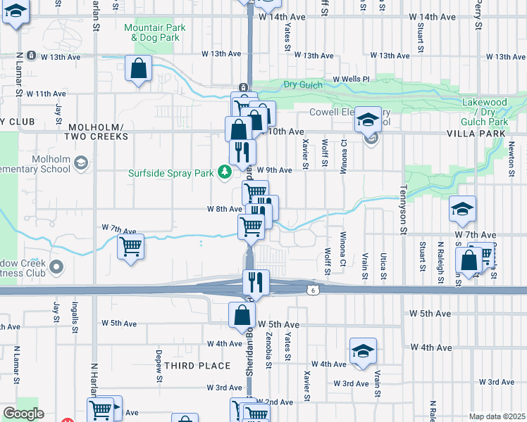 map of restaurants, bars, coffee shops, grocery stores, and more near 5100 West 8th Avenue in Denver