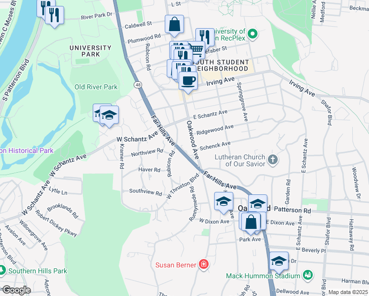 map of restaurants, bars, coffee shops, grocery stores, and more near 333 Oakwood Avenue in Dayton