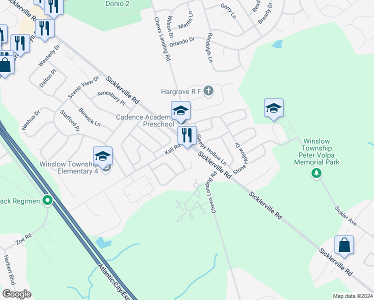 map of restaurants, bars, coffee shops, grocery stores, and more near 609 Sicklerville Road in Winslow Township