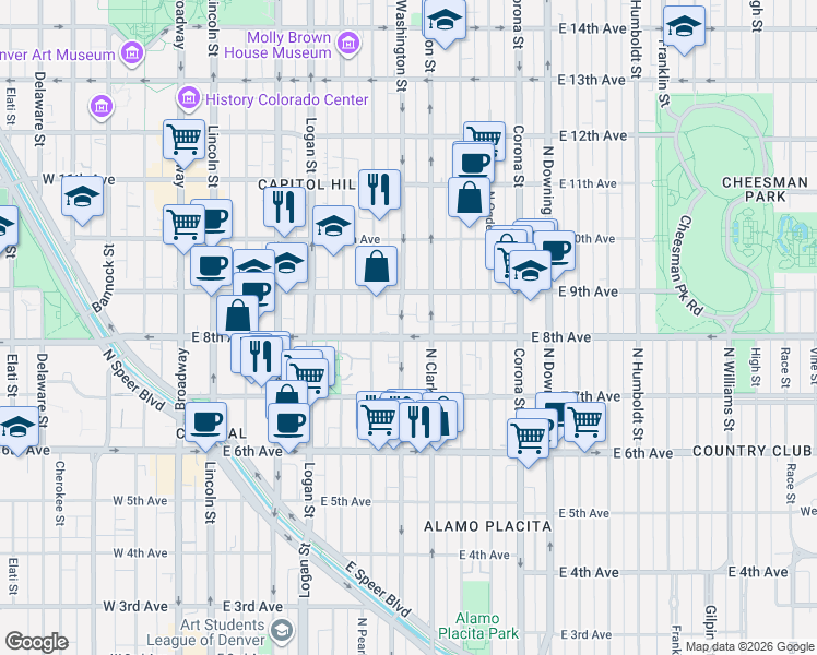 map of restaurants, bars, coffee shops, grocery stores, and more near in Denver