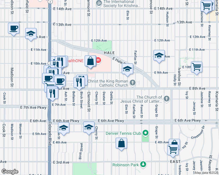 map of restaurants, bars, coffee shops, grocery stores, and more near 780 Dexter Street in Denver