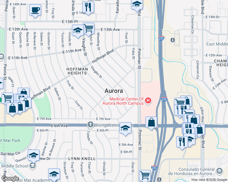 map of restaurants, bars, coffee shops, grocery stores, and more near in Aurora