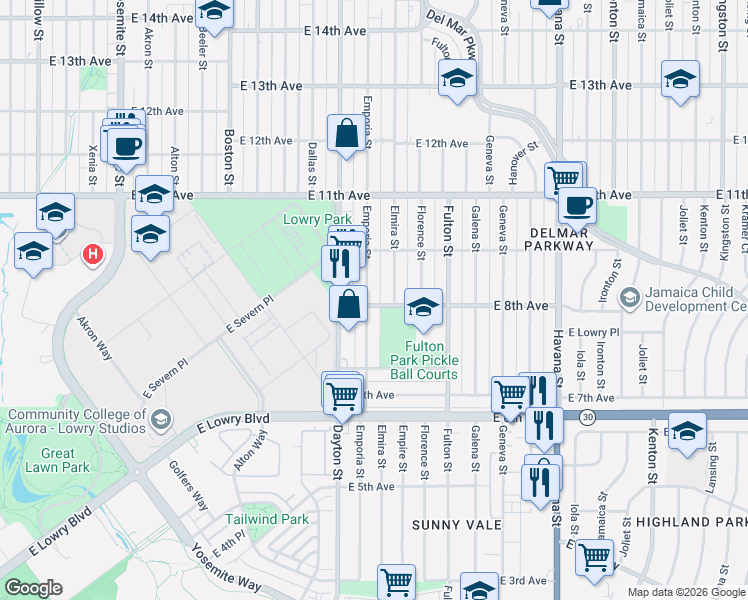 map of restaurants, bars, coffee shops, grocery stores, and more near 788 Emporia Street in Aurora