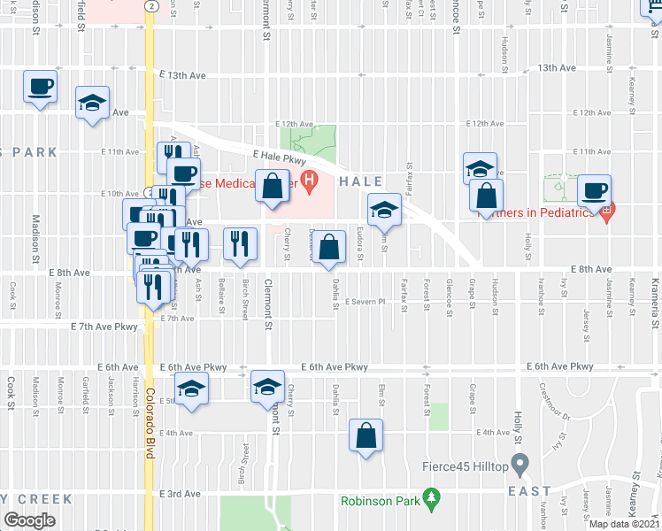 map of restaurants, bars, coffee shops, grocery stores, and more near 780 Dexter Street in Denver