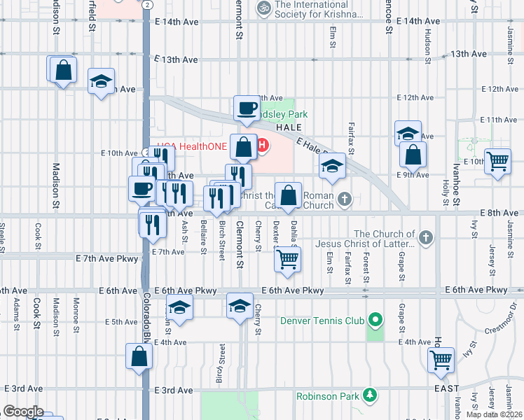 map of restaurants, bars, coffee shops, grocery stores, and more near 785 Cherry Street in Denver