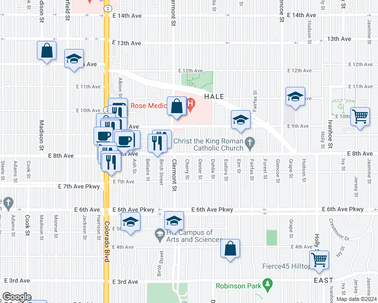 map of restaurants, bars, coffee shops, grocery stores, and more near 785 Cherry Street in Denver