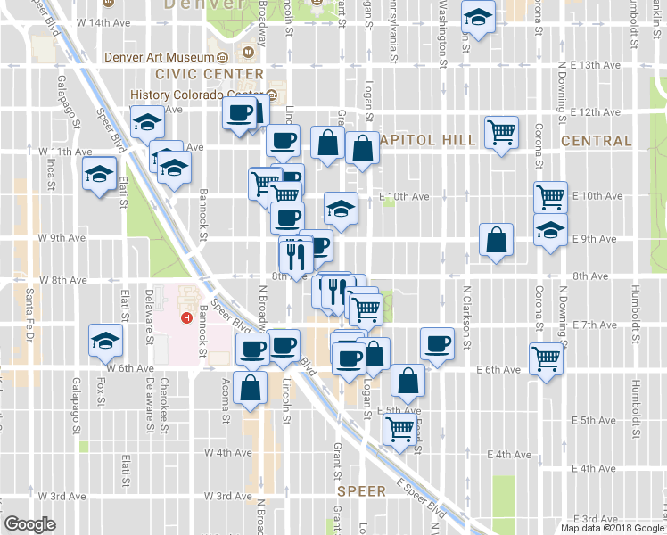 map of restaurants, bars, coffee shops, grocery stores, and more near in Denver