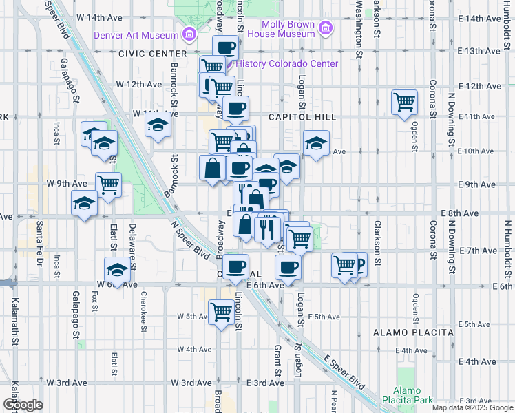 map of restaurants, bars, coffee shops, grocery stores, and more near 137 East 8th Avenue in Denver