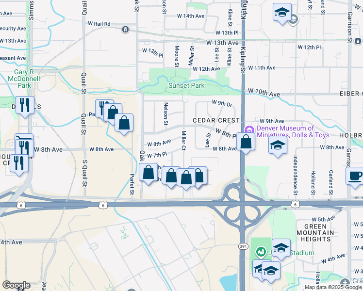 map of restaurants, bars, coffee shops, grocery stores, and more near 740 Moore Street in Lakewood