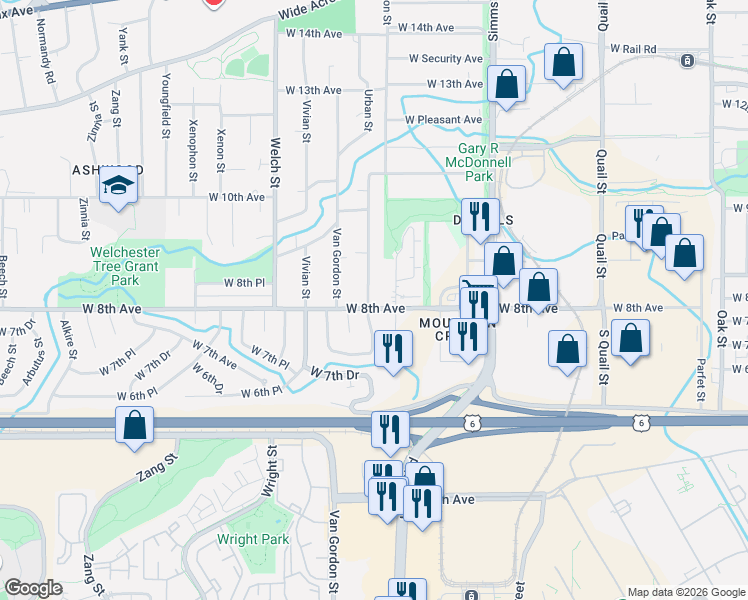 map of restaurants, bars, coffee shops, grocery stores, and more near 794 Urban Street in Golden