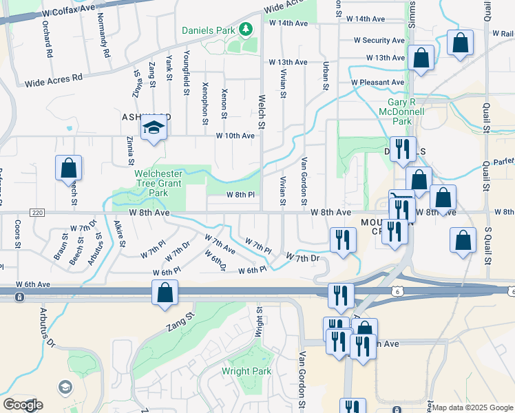 map of restaurants, bars, coffee shops, grocery stores, and more near 794 Welch Court in Golden