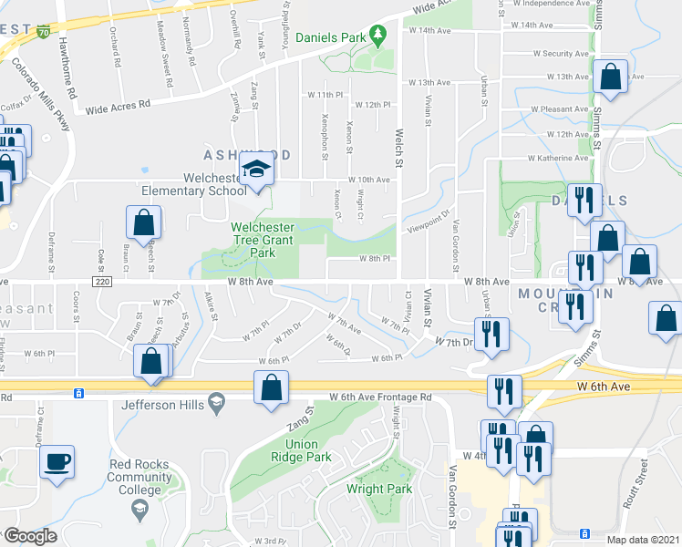 map of restaurants, bars, coffee shops, grocery stores, and more near 798 Xenophon Street in Golden