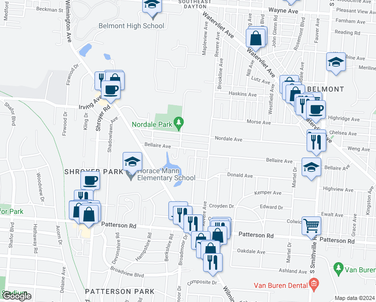 map of restaurants, bars, coffee shops, grocery stores, and more near 21 Dean Place in Dayton