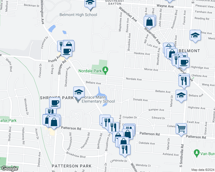 map of restaurants, bars, coffee shops, grocery stores, and more near 21 Dean Place in Dayton