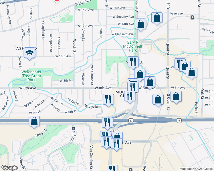 map of restaurants, bars, coffee shops, grocery stores, and more near 794 Urban Street in Golden