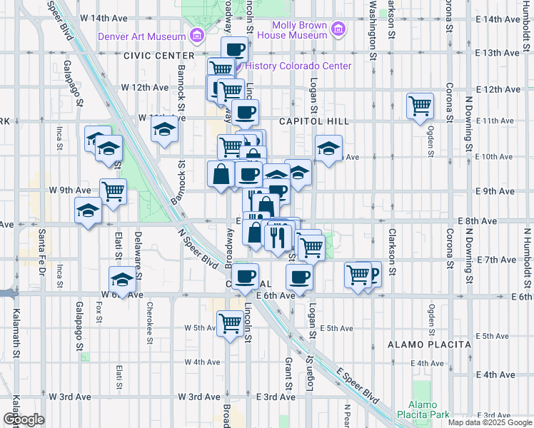 map of restaurants, bars, coffee shops, grocery stores, and more near 137 East 8th Avenue in Denver
