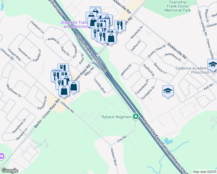 map of restaurants, bars, coffee shops, grocery stores, and more near 24 Loretta Boulevard in Sicklerville