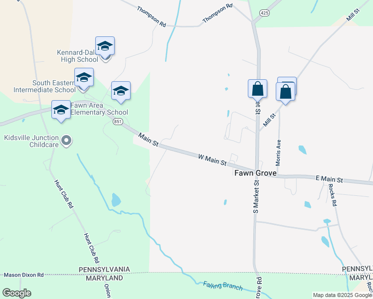 map of restaurants, bars, coffee shops, grocery stores, and more near 177 West Main Street in Fawn Grove