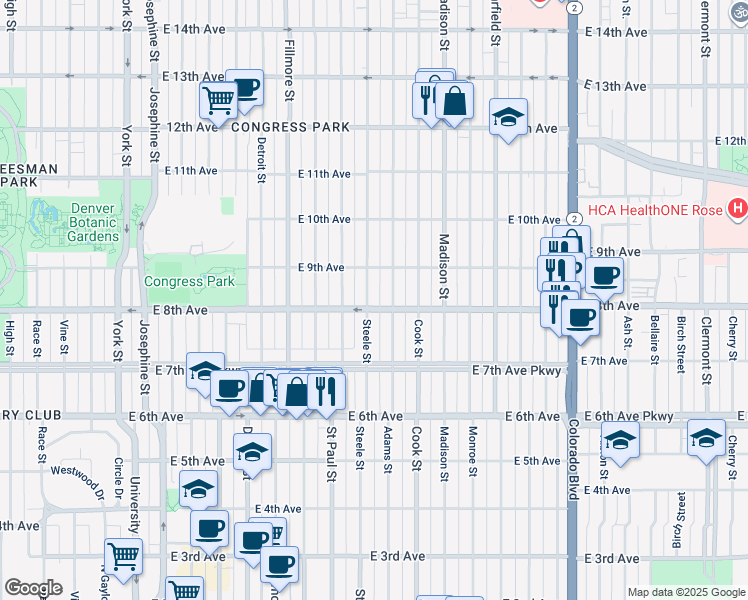 map of restaurants, bars, coffee shops, grocery stores, and more near 810 Steele Street in Denver