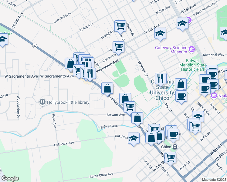 map of restaurants, bars, coffee shops, grocery stores, and more near 710 Nord Avenue in Chico