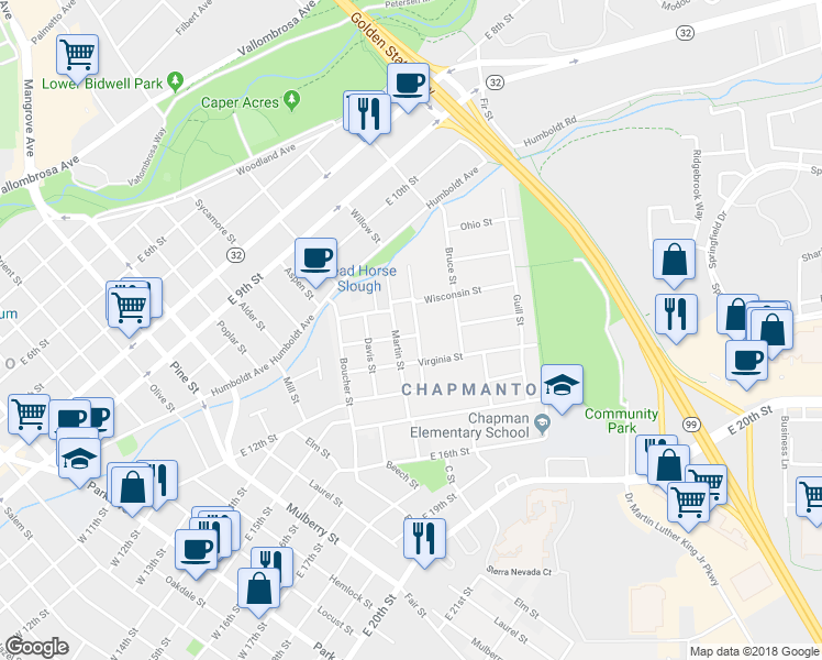 map of restaurants, bars, coffee shops, grocery stores, and more near 898 Colorado Street in Chico