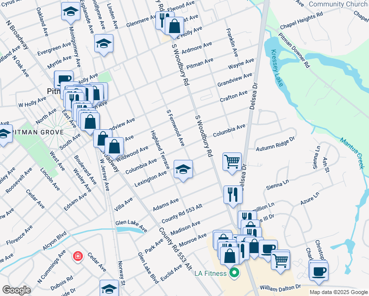 map of restaurants, bars, coffee shops, grocery stores, and more near 501 South Fernwood Avenue in Pitman