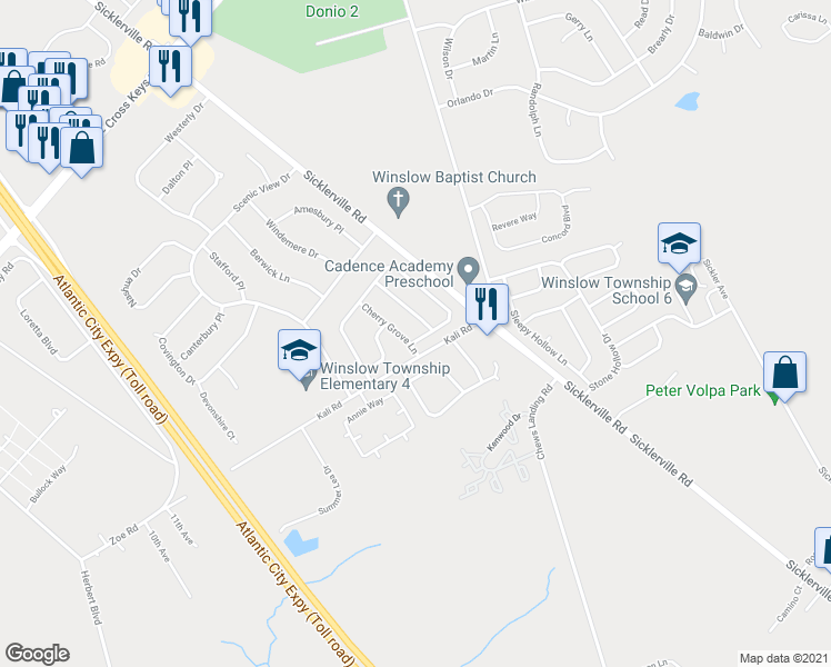 map of restaurants, bars, coffee shops, grocery stores, and more near 92 Old Orchard Drive in Winslow Township