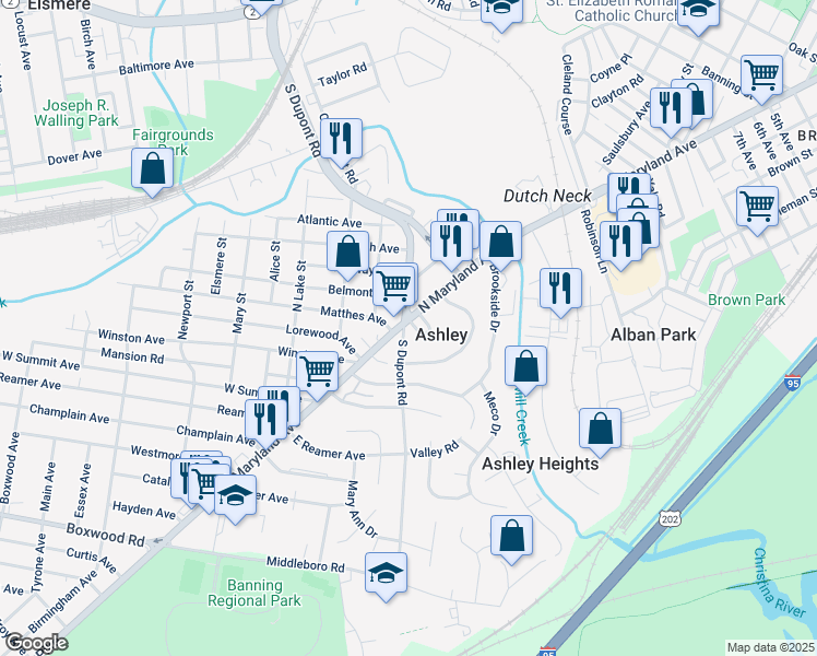 map of restaurants, bars, coffee shops, grocery stores, and more near 110 North Maryland Avenue in Wilmington